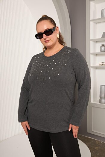 RMG Plus Size Stone Detail Front Blouse Anthracite