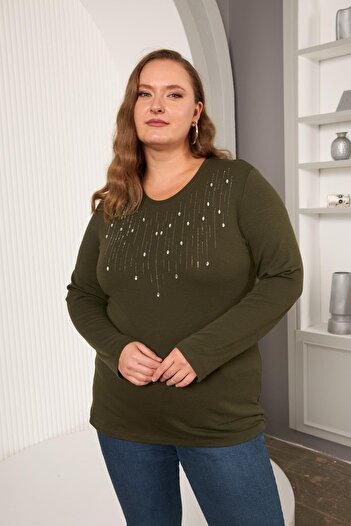 RMG Plus Size Front Stone Detail Blouse Khaki