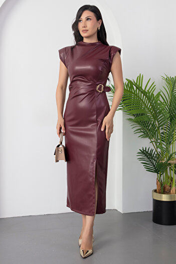 PULLIMM High Neck Shoulder Padded Buckle Leather Dress Ny3042