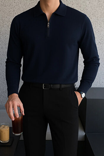 SILVANO Men's Long Sleeve Half Zipper Navy Blue Sweatshirt
