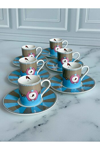 ROSSEV Turkish Coffee Cup Bird Blue 6 Person Set 12 Pieces