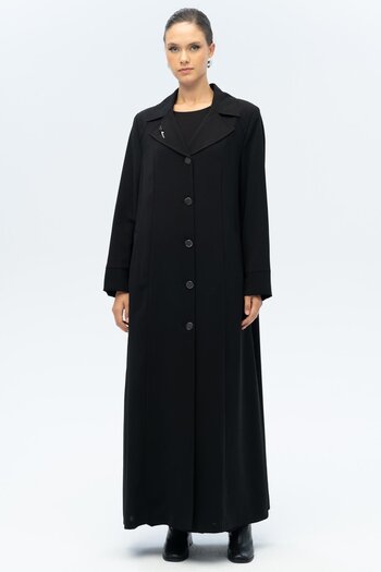 Olcay Coat Collar Brooch Detailed Lined Plus Size Overcoat Black 6691-A