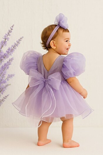Hobidik Baby Lilac Tulle Baby Girl Dress |   Puffy Sleeves Special Occasion Dress + Bow Headband