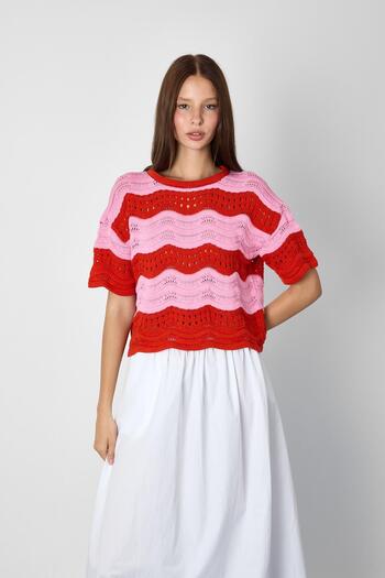 SHERIN Red-Pink Striped Knit Sweater