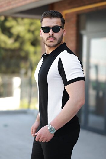 Wear Up Men's Short Sleeve Polo Collar Block Print Knitwear Blouse