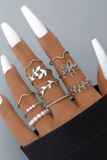 The Collection 10-Piece Combination Joint Silver Pearl Ring Set