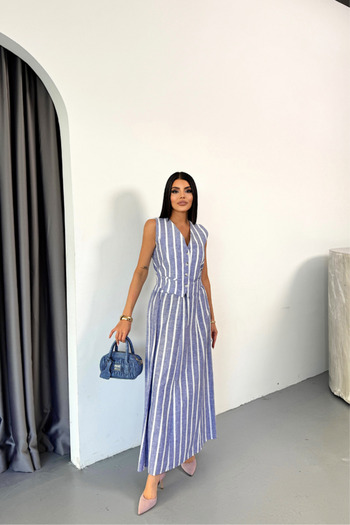 Wear Up Linen Striped Vest - Long Skirt Suit - Blue