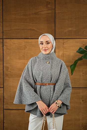 LOCCO Women's Belt Detailed Poncho Gray