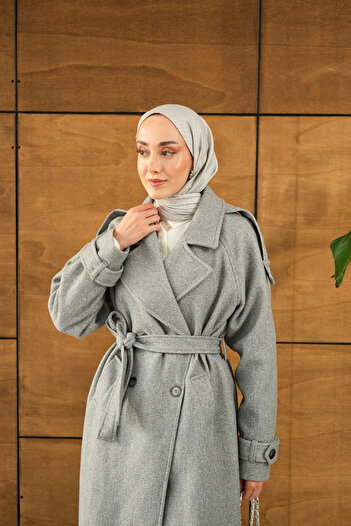LOCCO Women's Button Detail Waist Tie Coat Gray