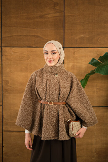 LOCCO Women's Belt Detailed Poncho Mink