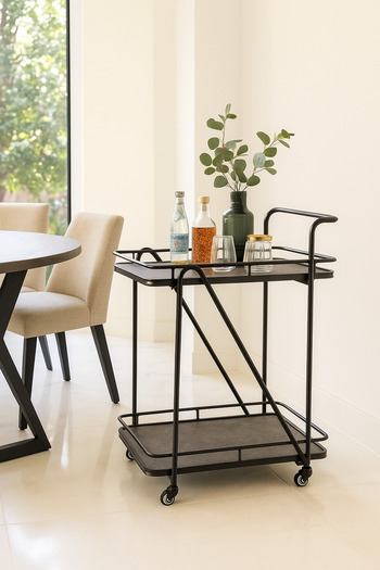 MARIA HOMES Modern Black Serving Trolley with 2Tier Shelves and Wheels Cart for Kitchen, Dining, or Living Room