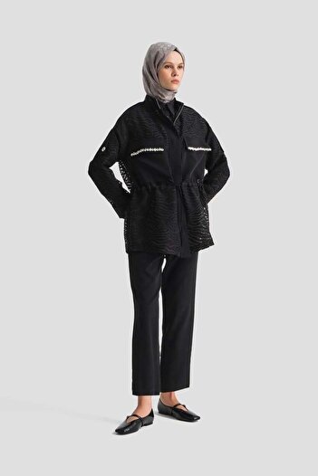 Armine Stone Embroidered Hidden Zipper Jacket 25Yt508 - Black