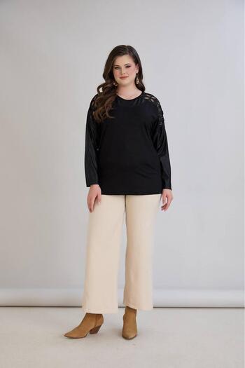 Orly More Viscose Crystal Fabric Long Sleeve Lace Detailed Mother Combed Cotton Blouse