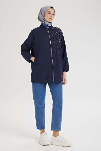 Armine Stone Detailed Zippered Bomber Jacket 25Kt518 - Navy Blue
