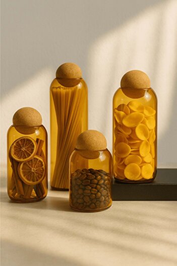 Jenisa Set of 4 Amber Glass Jars – Decorative Spice Jar Set with Round Cork Lids