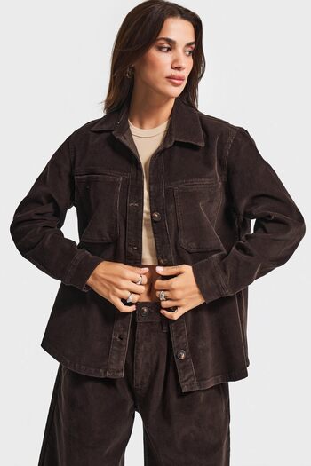 its basic Women's Brown 26W5-136 Oversize Corduroy Velvet Fabric Buttoned Front Jacket
