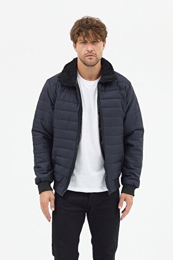 Polo State Men's Polar Collar Quilted Lined Jacket Coat Navy Blue