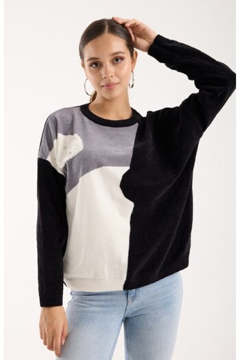 Coşkun GİYİM Women's Chenille Velvet Two-Tone Stone Detailed Crew Neck Sweater Black 9018