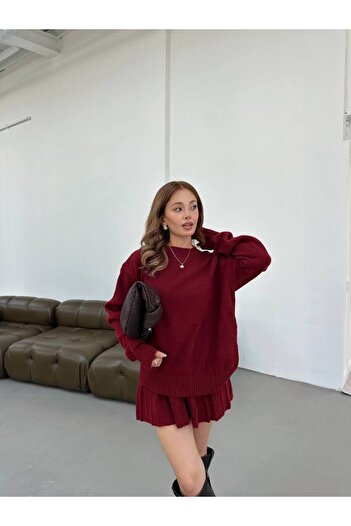 HARMONY GLOBAL Half Fisherman Oversize Sweater Pleated High Waist Mini Skirt Asmer Burgundy Knitwear Two-Piece Set 5157