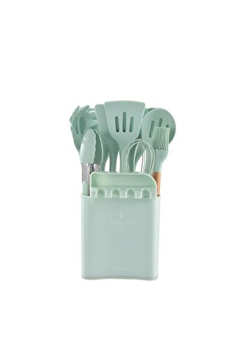 OEM Set 13 Cooking Utensils Tiessa, Silicone, Bamboo Handle, Spoon Holder, Light Green