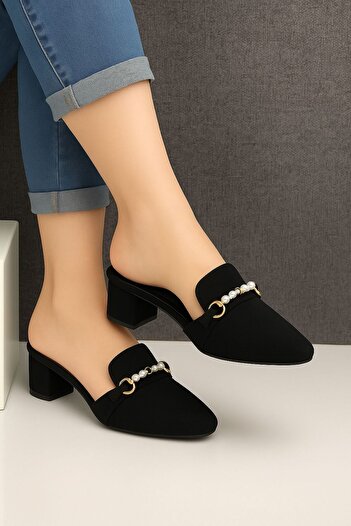 Generic Women’s Block Heel Mules with Pearl Chain – Elegant Slip-On Loafers (Sizes 37–42)