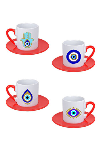 giftkonsept Blue Evil Eye Bead Patterned Printed Black 4-Piece Porcelain Turkish Coffee Cup Set