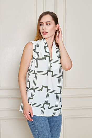UNIQUE LADY Elegant Sleeveless Blouse with Geometric Pattern and Fabric Buttons