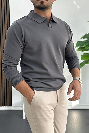 Edwox Men's Open Collar Plain Pattern Regular Fit Sweater Smoked Edw423