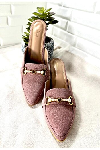 Generic Women’s Block Heel Mules with Pearl Chain – Elegant Slip-On Loafers (Sizes 37–42)