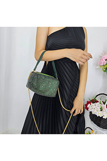 FashionForYou Envelope bag, Sparkle with semi-precious stone rhinestones, Green