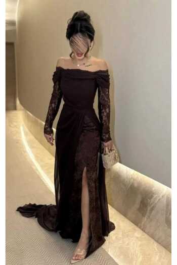 Riva Long black chiffon and lace evening dress with one shoulder.