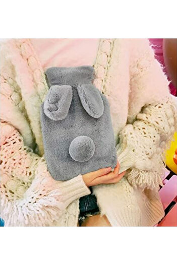 zola Hot water pillow, 2 l capacity, made of rubber, fluffy bunny pattern cover, light gray