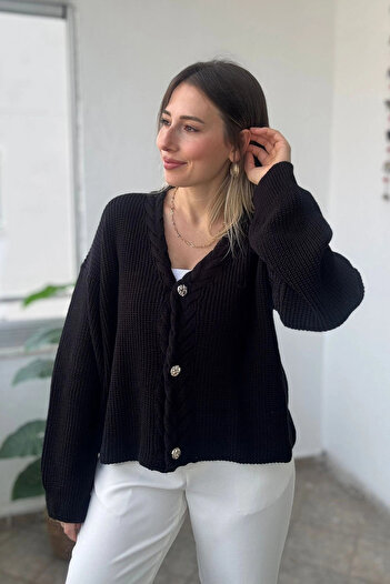 Kubos Moda V-Neck Front Knit Detail Black Cardigan