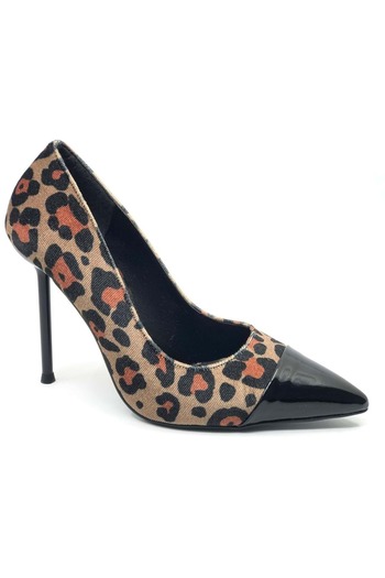 KOCAMANLAR Feles Thin Heeled Leopard Patterned Stiletto Women's Shoes Black