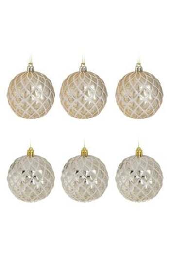 OEMN Set Christmas Tree Balls Gold Beige Matte Glossy with Glitter Relief Ø8 cm - 6 pcs