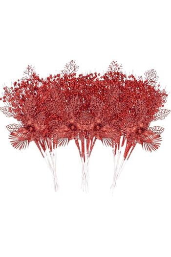 Generic 15 Pack Red Christmas Tree Ornaments Artificial Flowers Glitter Berry Stem Branches Christmas Flora