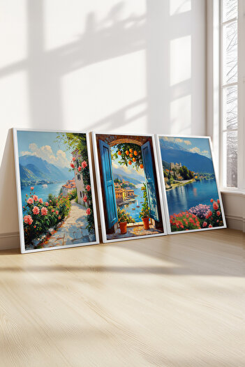 STARYUNA White Framed Oil Painting Effect Italy Lake View 3-Piece Painting Set Yuna326
