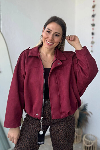 Kubos Moda Batwing Sleeve Front Draped Epaulettes Burgundy Bomber Jacket