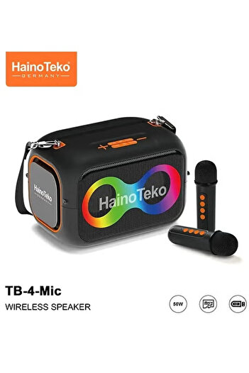 HAINOTEKO TB-4 Portable Bluetooth Speaker 50W, Wireless Speaker with 2 Mics, RGB Lights & Karaoke Function