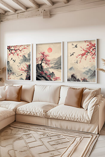 STARYUNA White Framed Oil Painting Effect Sakura Tree Japanese Style 3-Piece Painting Set Yuna75