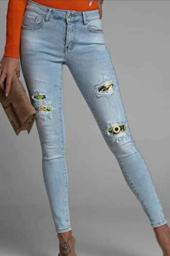 FashionForYou Women's skinny jeans, Harry, with high waist, asymmetrical perforations and elastic texture, Blue, S