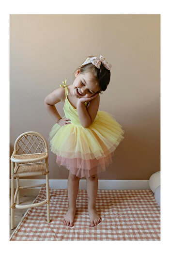 LC Waikiki Girl's Ballerina Dress with Yellow Tutu Skirt and Straps - Jade
