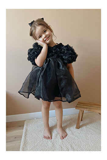 LC Waikiki Girl's Dress with Black Rose Detail and Tulle Skirt - Nelia