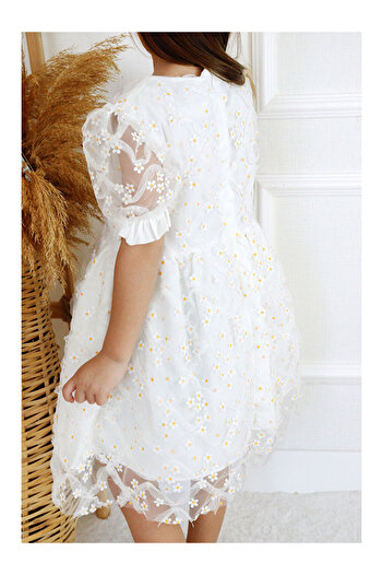 LC Waikiki White Short Sleeve Daisy Tulle Girl's Dress - Hillary