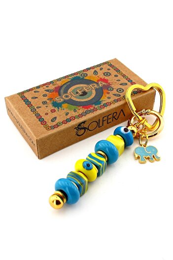 Solfera Yellow Blue Murano Glass Evil Eye Beaded Bag Ornament Elephant Charm Keychain Ky057