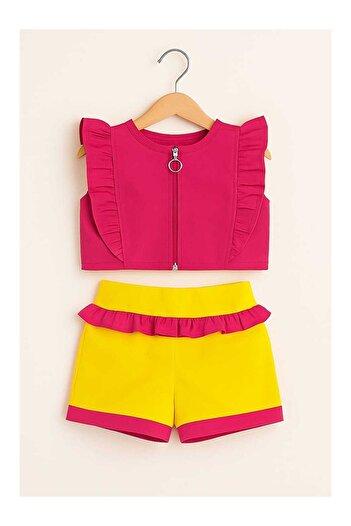LC Waikiki Girl's Zipper and Ruffle Detailed Top and Bottom Set, Ages 9-12, 11923