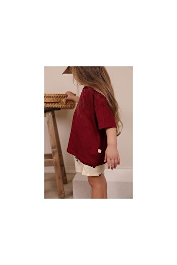 LC Waikiki Burgundy Embroidered Oversize T-Shirt