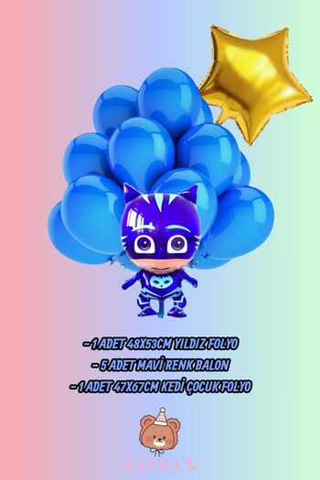 Zayna's Pijamaskeliler Themed Cat Child Printed Character Foil Balloon Set Starry