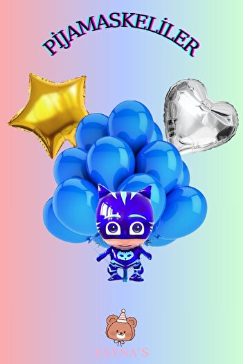 Zayna's Pijamaskeliler Themed Cat Child Printed Character Foil Balloon Set with Hearts and Stars