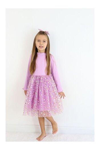 LC Waikiki Girl's Dress with Lilac Star Print Tulle Skirt - Karen
